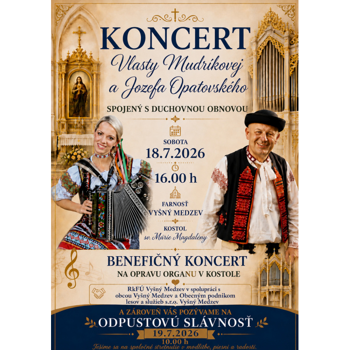 Benefičný koncert 18.6.2026 vo farnosti Vyšný Medzev so začiatkom o16: 00 hod.