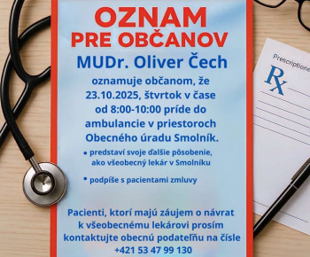 Aktuality / Smolník - MUDr. Oliver Čech - praktický lekár - foto