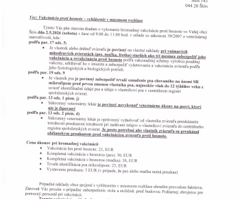 Aktuality / Vakcinácia psov a mačiek 2.5.2026 od 9:00 do 11:00 hod. pred hasičskou zbrojnicou v Štóse - foto
